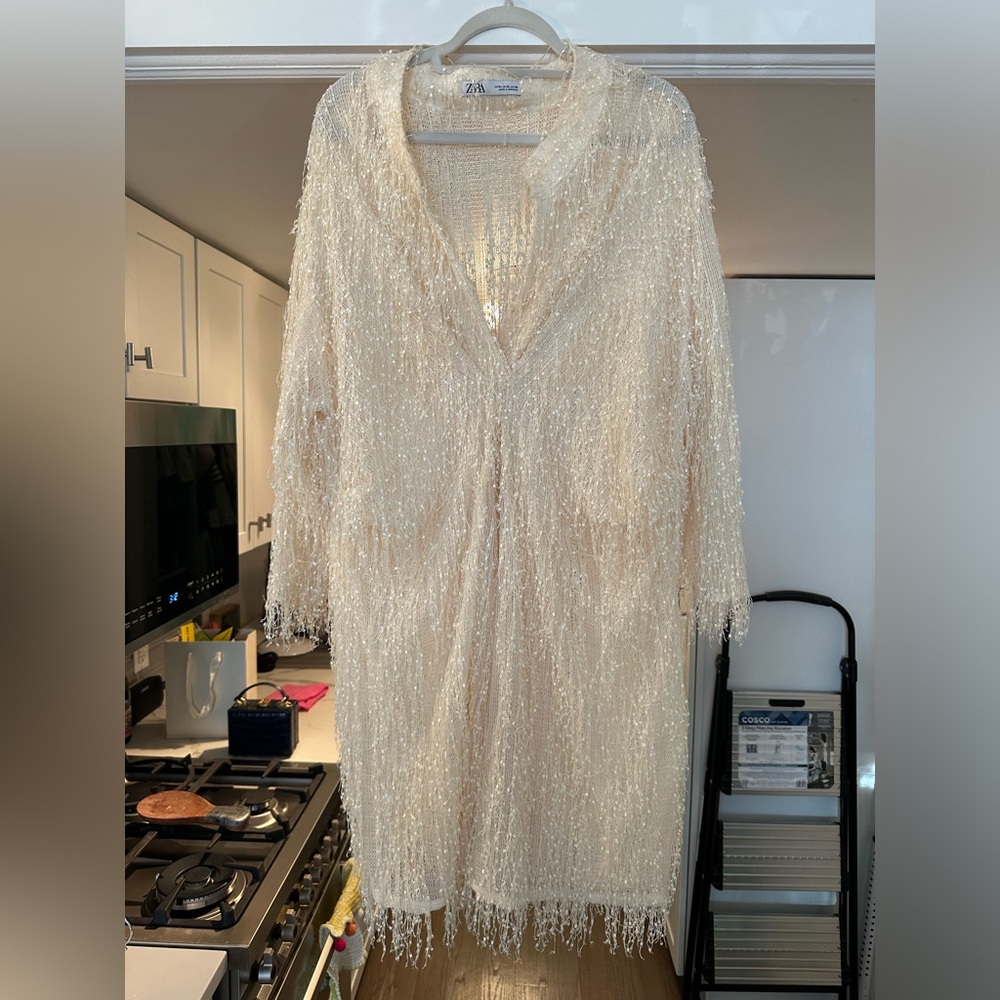 Cream Zara fringe dress